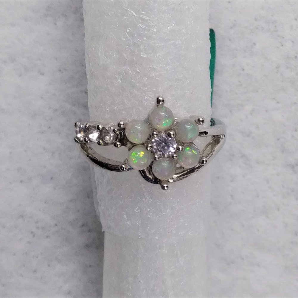New Beautiful White Fire Synthetic Opal Flower White Gold Plated Ring - Size 7